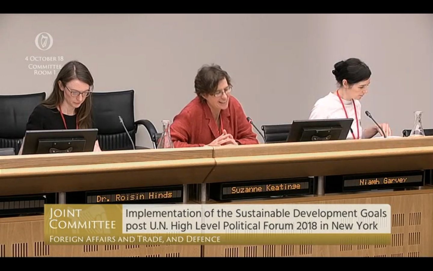 Róisín Hinds of Oxfam Ireland appearing before Joint Oireachtas Committee on Foreign Affairs and Trade with Suzanne Keatinge of Dóchas and Trócaire’s Niamh Garvey. Photo: Oireachtas TV