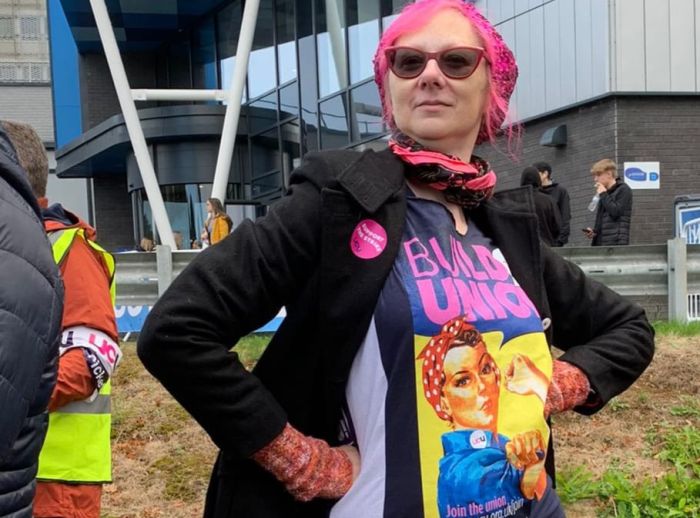 Sue in a dress made from Union t-shirts