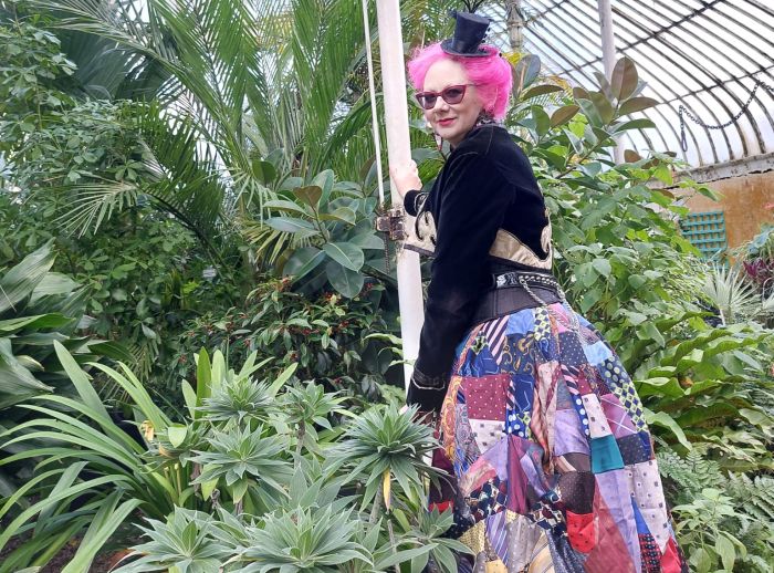 Sue in a skirt made from ties that she made for Secondhand September 2023