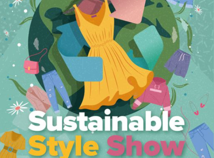 sustainable style show poster. The title is at the bottom and recycle symbol and second hand clothes.