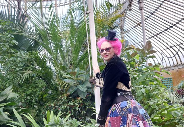 Sue in a skirt made from ties that she made for Secondhand September 2023